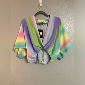 Women’s blue green purple yellow pink striped Elastic Waist crop top shirt XS
